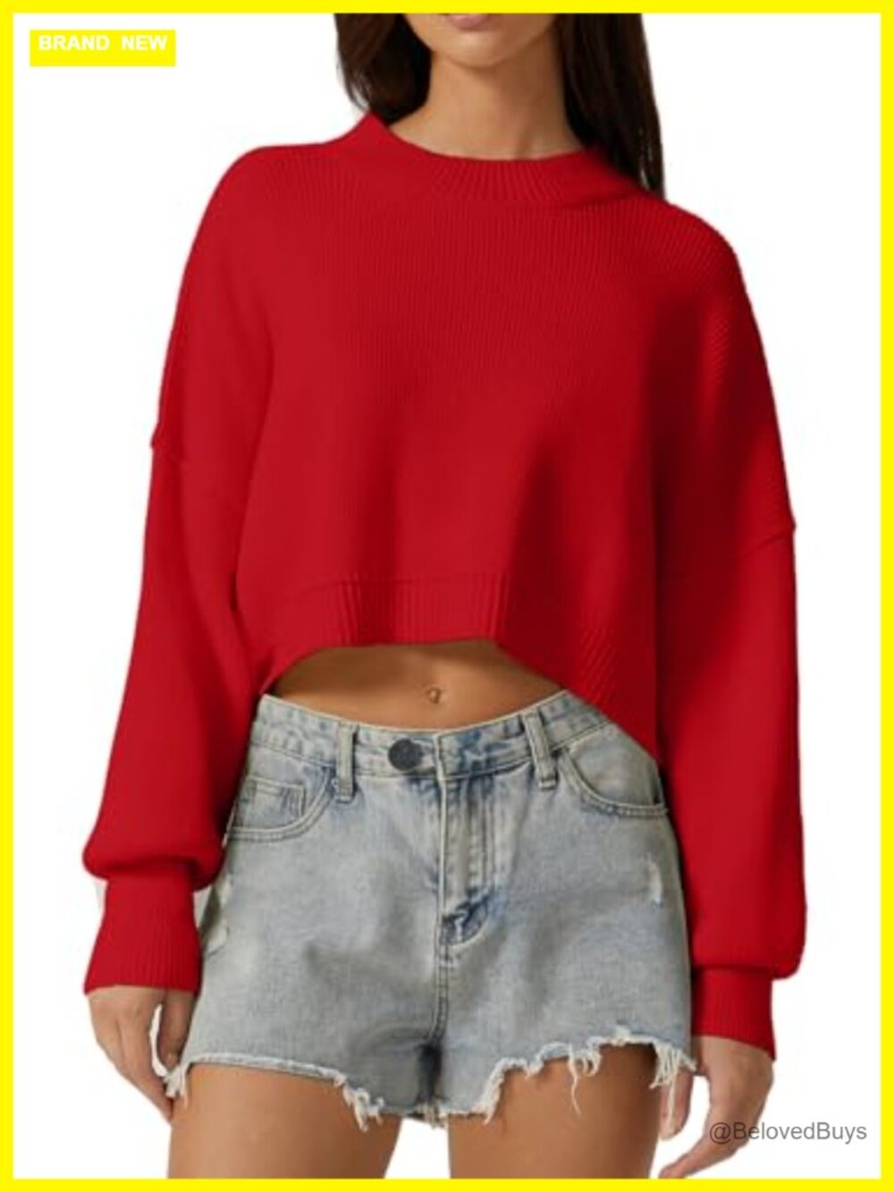 QINSEN Mock Neck Cropped Sweater Oversized Ribbed Knit Pullover